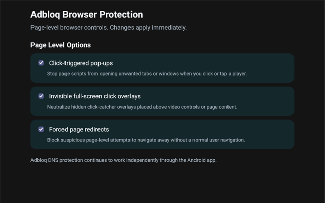 Adbloq Browser Protection settings