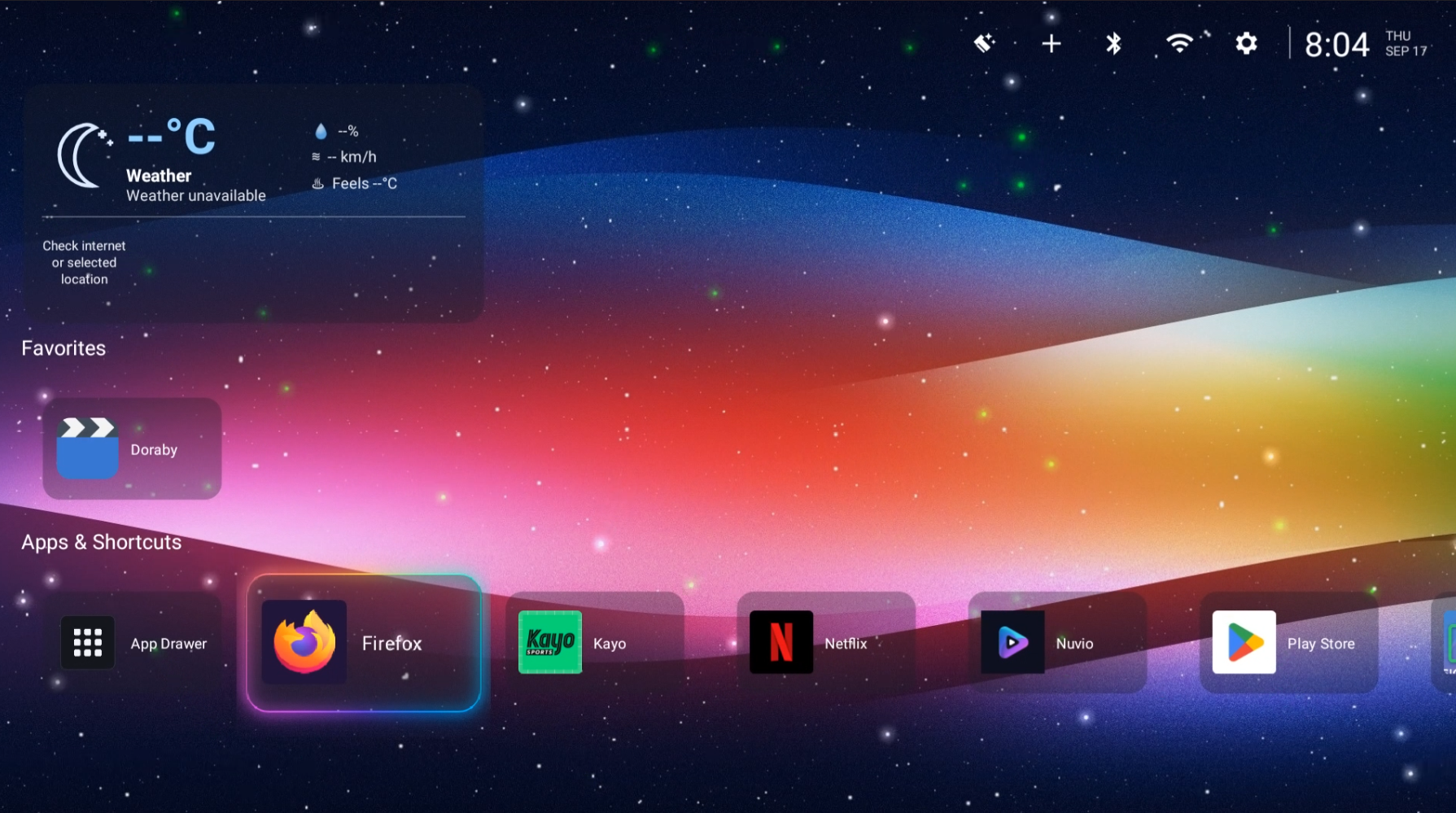 Kratos Launcher home screen with weather, favorites, and app shortcuts
