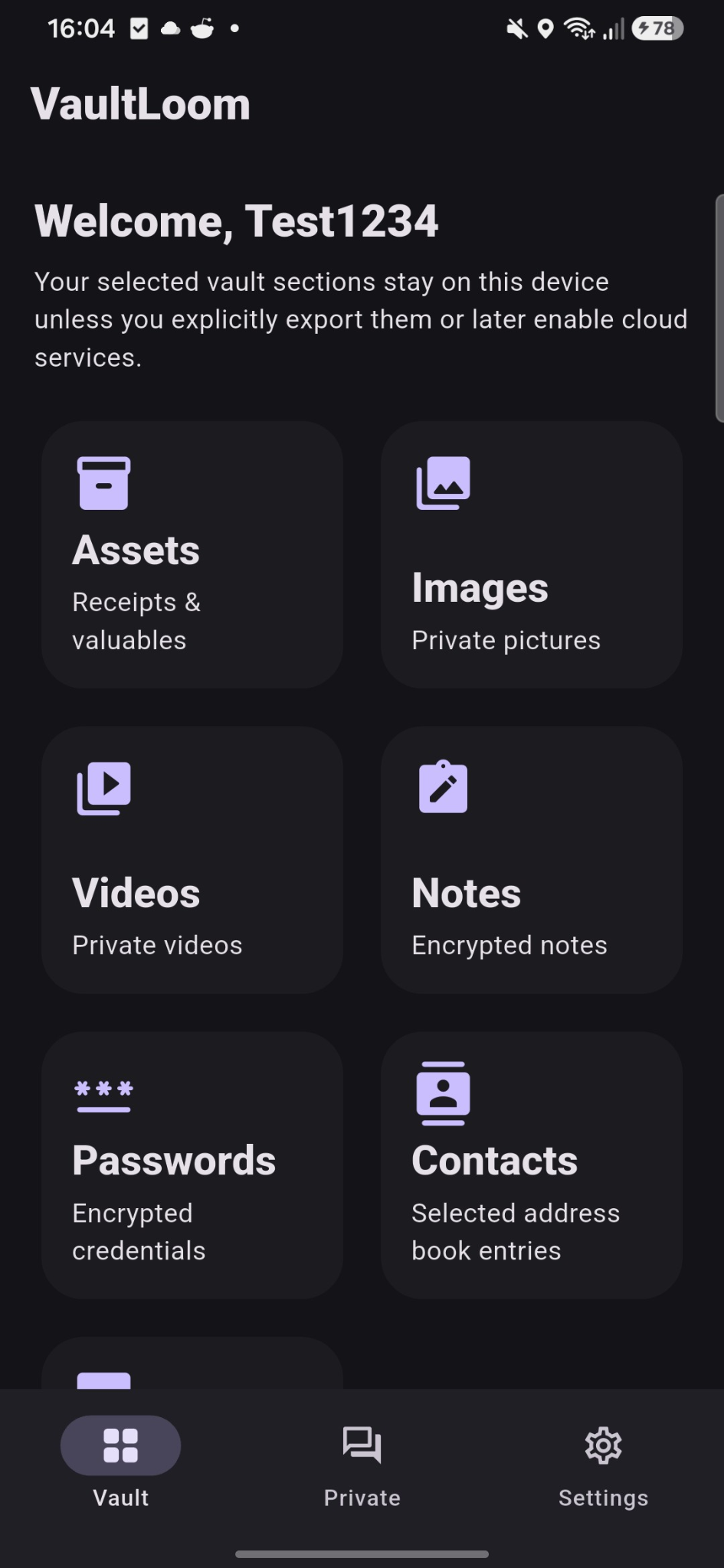 VaultLoom vault screen with images, videos, notes, passwords, and contacts