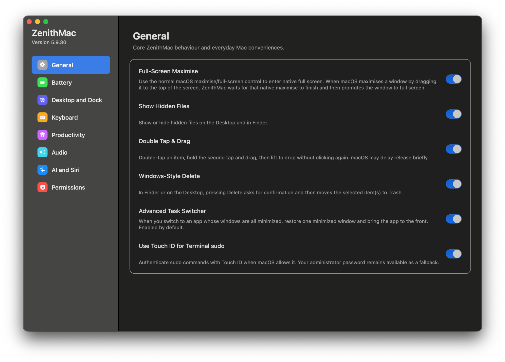 ZenithMac 5.9.30 General settings showing battery, desktop, and audio controls