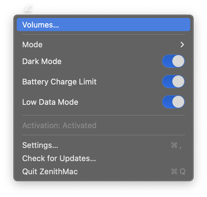 ZenithMac menu-bar controls for system modes, battery charging, and settings